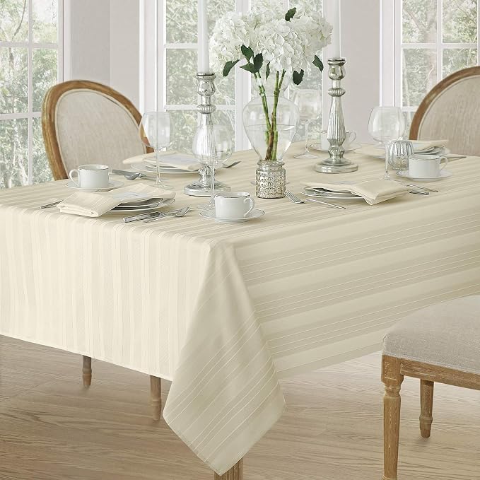Newbridge 52 x 70 Inch Rectangle Ivory Fabric Tablecloth, Denley Satin Stripe, Heavy Weight No Iron Polyester Holiday Dining & Party Table Cover