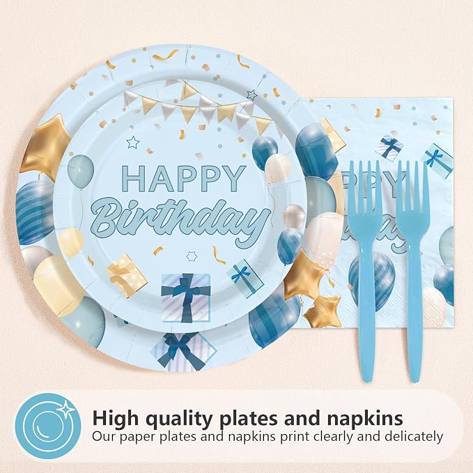 96Pcs Light Blue Birthday Decorations Preschool Graduation Blue Gold Plates and Napkins Tableware Set Happy Birthday Decorations for Boys Girls Father Baby Shower Pres-k Graduation Supplies Serves 24