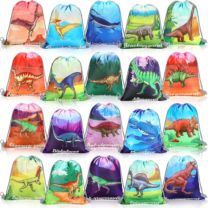 Chumia 40 Pcs Dinosaur Drawstring Gift Bags Dinosaur Party Supplies Dino Theme Party Favor Treat Goodie Candy Bags for Birthday Christmas, 20 Style