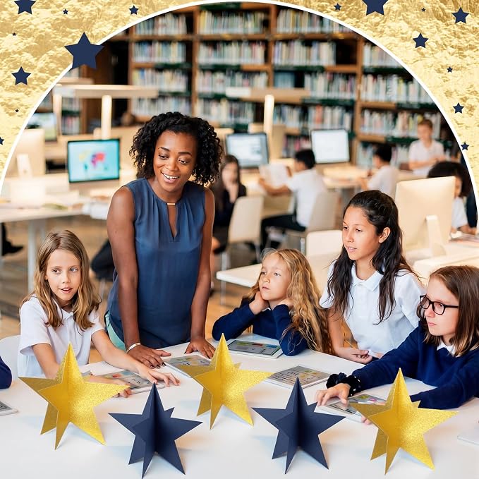 Sinload 18 Pcs Large 3D Glitter Star Decorations Back to School Work Blue Gold Star Centerpiece Standing Hanging Decor for School Centerpiece Starry Movie Night Themed Party Decor