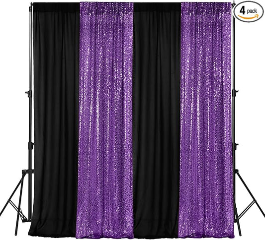 VitalCozy 4 Panels Backdrop Curtains 2 Pcs 4 x 10 ft Sequin Glitter 2 Pcs 7 x 10 ft Chiffon Photo Background Curtains for Graduation Wedding Birthday Party Decorations(Black, Purple)