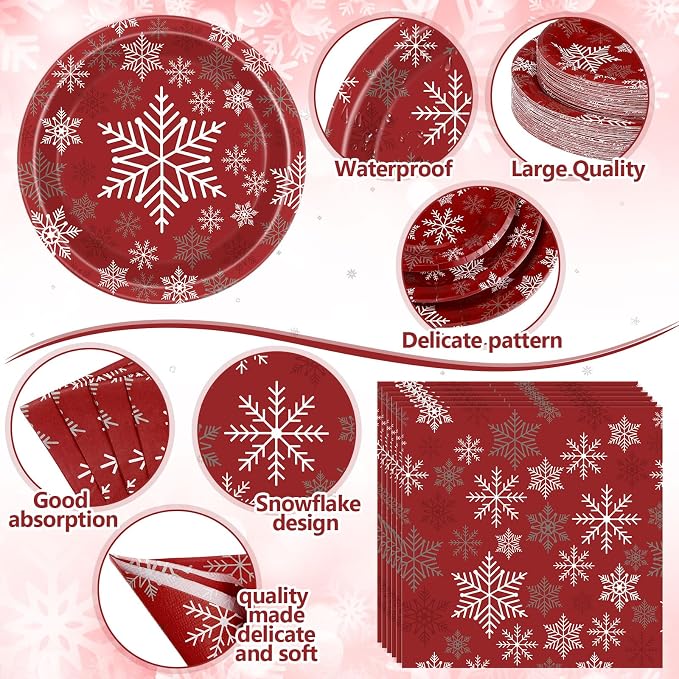 Funnymoom 452 Pcs Christmas Snowflake Party Supplies for 50 Guests, Red White and Sliver Snowflake Paper Plates and Napkins Cups Tablecloth Cutlery Straws for Winter Xmas Birthday Party Decoration