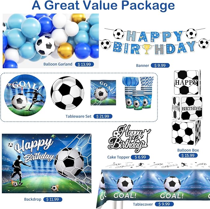 Soccer Birthday Party Decorations, All-in-1 Supplies Pack, Includes Plates and Napkins, Backdrop, Tablecloth, Balloon Kit for Blue Soccer Theme Party Decorations