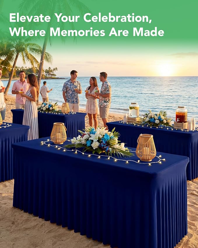 4 Pack Spandex Table Cover Skirts for 8ft Rectangle Tables, Navy Blue Stretch Table Cloths with Floor-Length Ruffle, Elastic Fitted Skirted Tablecloth for Elegant Wedding Banquet Party Buffet Deco