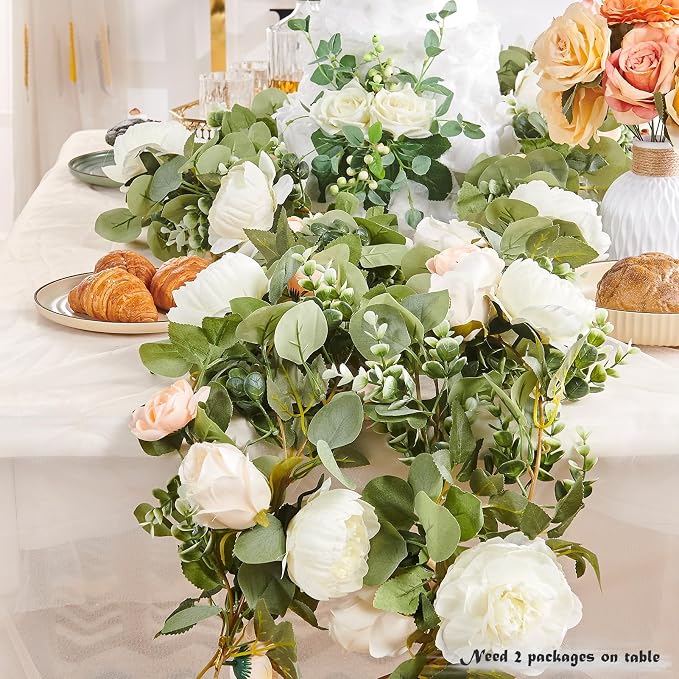 PONKING Flower Garland Artificial Rose Vine Flowers Hanging Fake Roses Vines for Wedding Birthday Party Valentines Christmas Room Wall Arch Decor, 2 White & 1 Light Pink Floral Garland Decorations