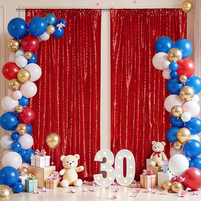 SquarePie 2 PCS 4x10ft Red Sequin Backdrop for Photography, Extra Long Satin-Backed Real Sequin Curtain, High-Density Shimmering Background with 4" Rod Pocket for Wedding Ceremony, 2 Panels