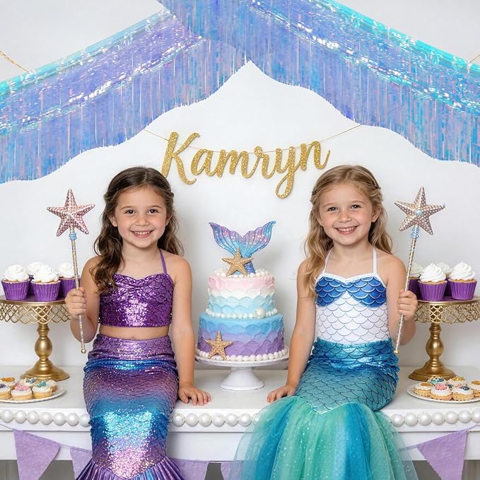 LOLStar Iridescent Blue Foil Fringe Tinsel Garland Streamer Banner, 6 Pack | 60Ft Tinsel Streamers, Shiny Iridescent Blue Wall Hanging Tinsel Fringe Banners for Mermaid, Snow, Sea, Unicorn Party Decor