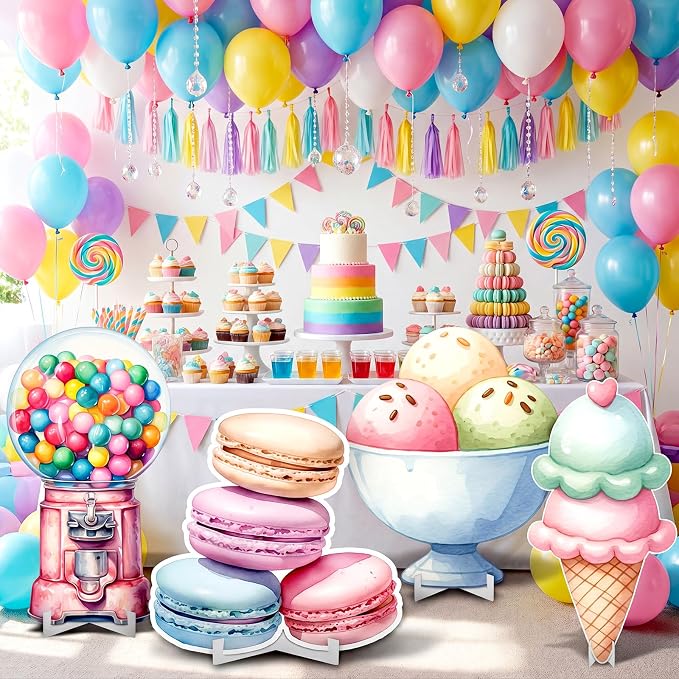 Honoson 4 Pcs Large 32" Candyland Cardboard Cutouts Backdrop Standup, Ice Cream Candy Party Decoration Yard Sign Photo Props Sweet Colorful for Birthday Party Supplies Summer Baby Shower