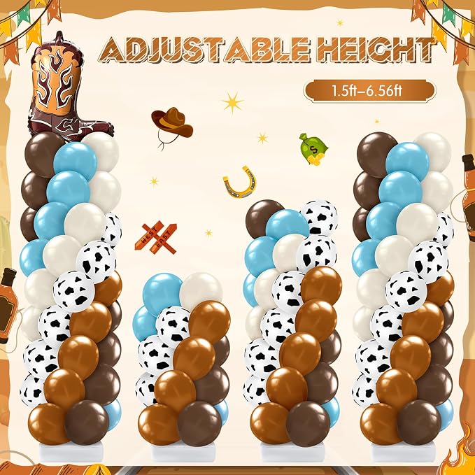 Kasyat 2 Set Western Cowboy Balloon Column Stand Kit, Brown Slate Blue Dusty Blue Sand White Cow Print Balloons Garland Arch Kit for Farm Western Cowboy Baby Shower Birthday Party Decorations