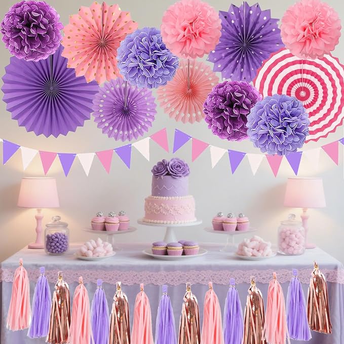 Purple Party Decorations Set Neon Colored Pink and Purple Birthday Party Hanging Paper Fan Tissue Pom Poms Streamers Summer Party Supplies Tassel Garland Banner