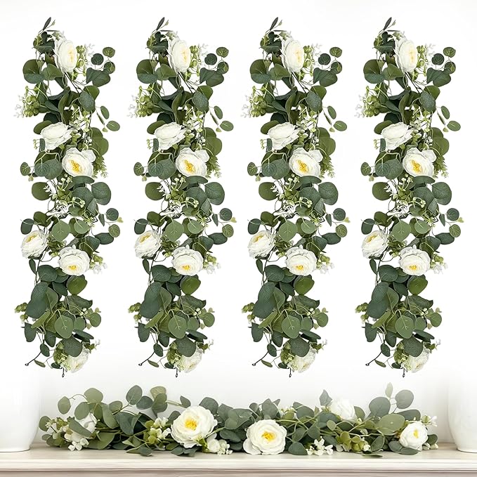 4-Pack Artificial Eucalyptus Garland with Flowers, Total 23.6FT 24 White Roses Baby's Breath Garland Floral Greenery for Wedding Party Centerpiece Table Runner Backdrop Wall Decor