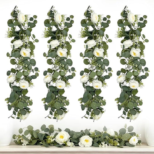 4-Pack Artificial Eucalyptus Garland with Flowers, Total 23.6FT 24 White Roses Baby's Breath Garland Floral Greenery for Wedding Party Centerpiece Table Runner Backdrop Wall Decor