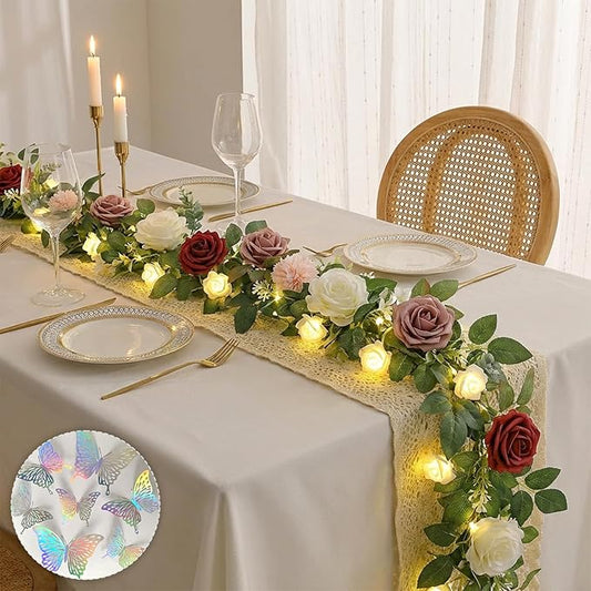 5.5FT Artificial Flower Garland Burgundy Rose & Greenery for Wedding Arch Backdrop Table Centerpiece Mantel Decor, with Rose String Lights & 3D Butterflies