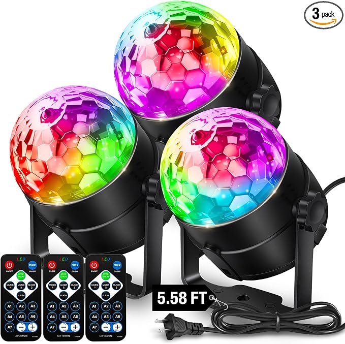 NEQUARE Disco Ball DJ Party Lights Sound Activated Remote Control Strobe Lamp 7 Modes Stage Light for New Years 2026 Room Dance Parties Karaoke Halloween Christmas Birthday Decorations 5.58Ft