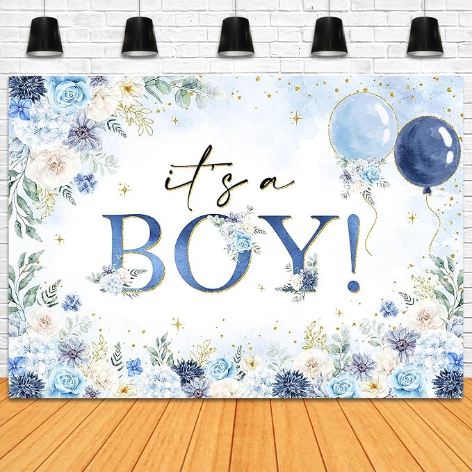 It's a Boy Baby Shower Backdrop 7x5ft Watercolor Blue Floral Baby Shower Party Decorations Background for Boys Blue Balloon Banner Photo Booth Props
