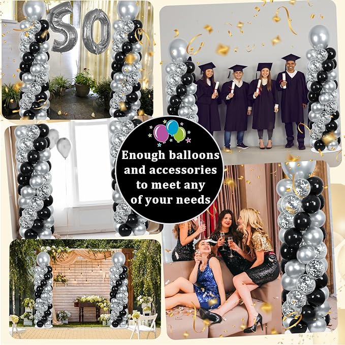 2 Sets Black and Silver Balloon Column Stand Kit with 100 Balloons Graduation Adjustable Tower Stand with Base for Floor Spring Mother's Day Column for Birthday Wedding Party Decor