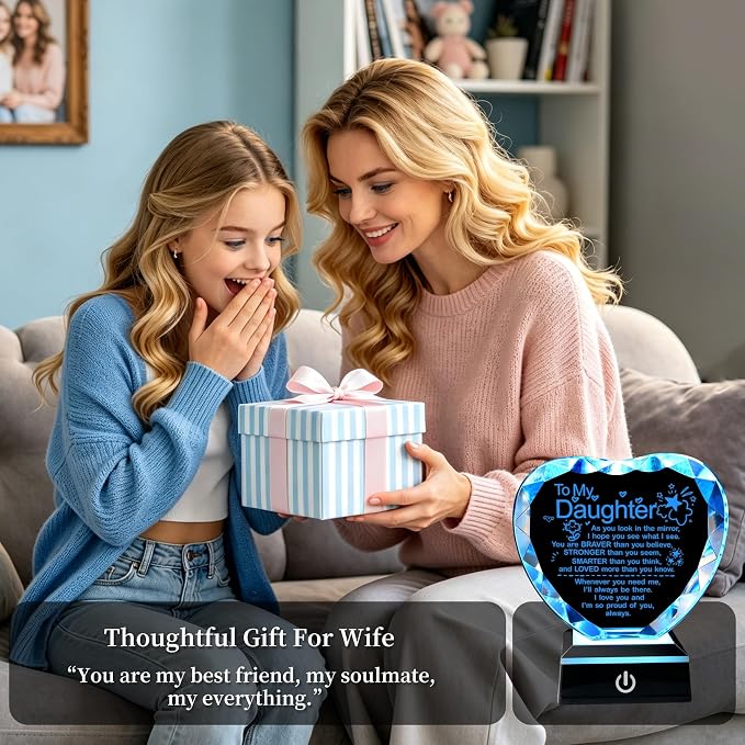 Daughter Best Birthday Graduation Gifts Ideas for Daughter Crystal Heart Plaques Gifts for Crystal Keepsake Present with Light Base Gift for Daughters on Christmas Valentines Mothers Day
