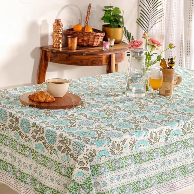 Hand Block Printed Tablecloth, Colorful Floral Print, Indian Artisan Handmade Art, Dining Room, Kitchen, Outdoor Décor, (Flamingo Bloom, 12 Seater 72 x 135 Inches Rectangle)