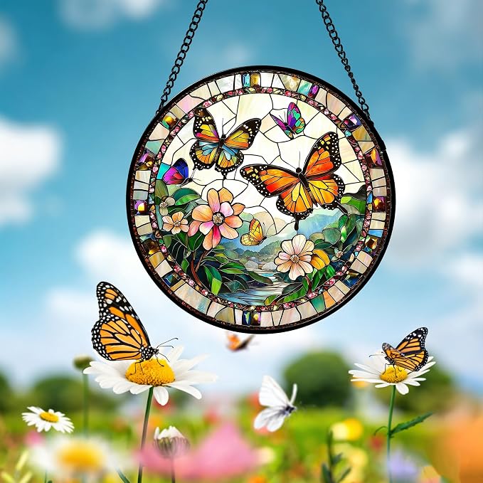 DASTOLL Stained Glass Window Hanging, Butterflies Flying in The Sky Suncatcher for Doors Home Sun Catchers Decoration and Christmas, Mother's Day Birthday Gifts for Women, Men, and Mom 14.9x14.9 in