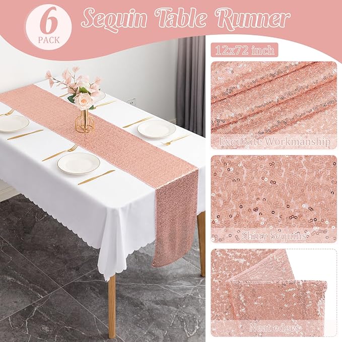 6 Pack Rose Gold Valentine's Day Sequin Table Runner Sequin Table Cloths 12" x 72" Sparkle Table Runner for Baby Bridal Shower Wedding Birthday Party Table Decor (Rose Gold)