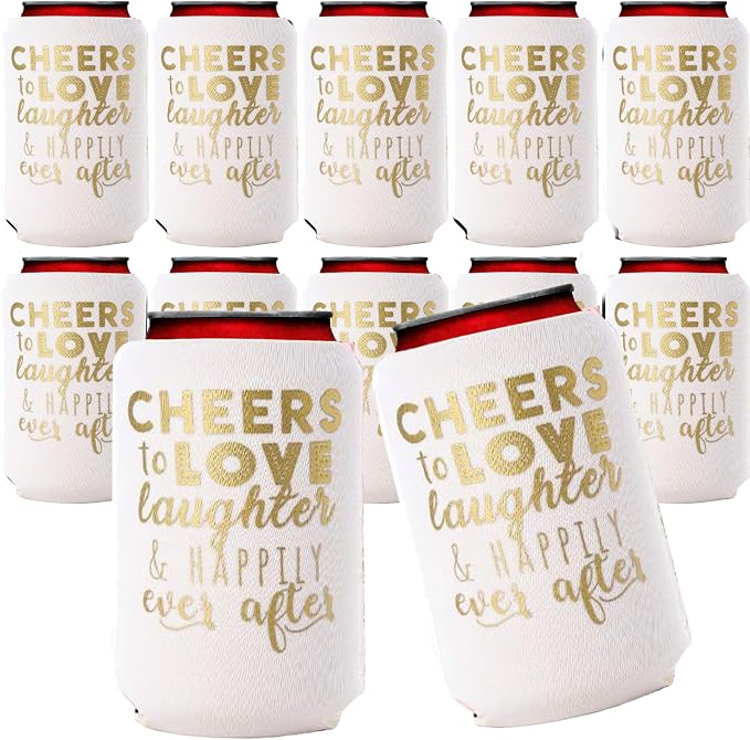 Wedding Can Cooler Decorations Set of 12 - Cheers to Love Laughter and Happily Ever After, Wedding Rehearsal Dinner Decorations - Bridal Showers, Engagement Party Favors for Guests and Supplies