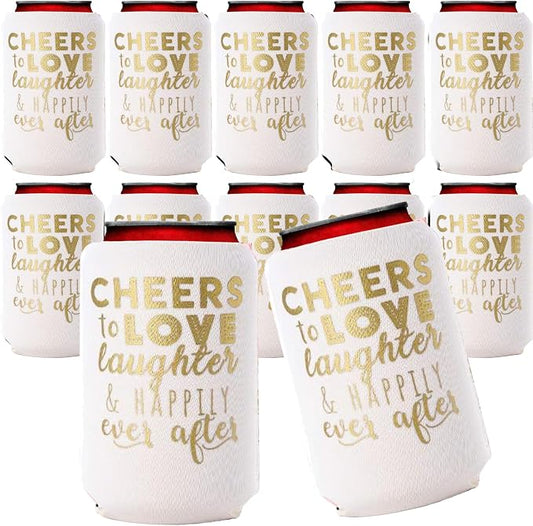 Wedding Can Cooler Decorations Set of 12 - Cheers to Love Laughter and Happily Ever After, Wedding Rehearsal Dinner Decorations - Bridal Showers, Engagement Party Favors for Guests and Supplies