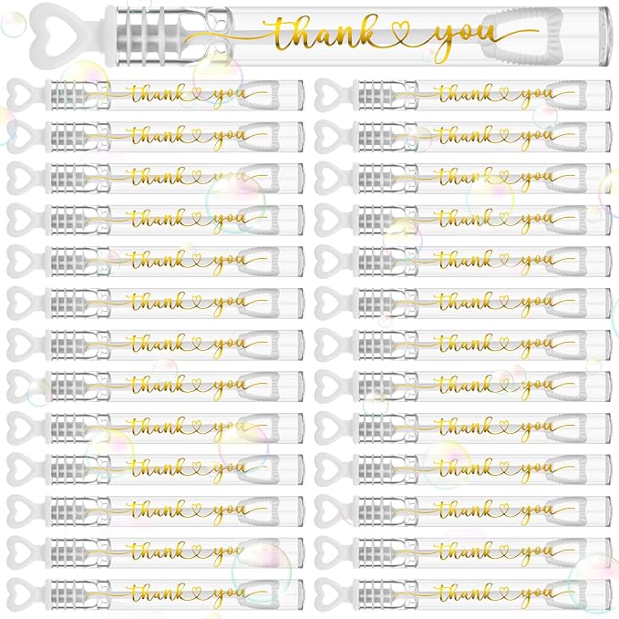 Hollowfly Wedding Mini Bubble Wands for a Wedding Bulk Heart Bubble for Guests Send Off Wand Adults Bridal Shower Party Supplies Valentine Anniversaries Celebration(60 Count,White Gold,Thank You)