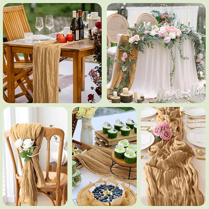 Wokceer Cheesecloth Table Runner Khaki 10FT Boho Gauze Cheese Cloth Table Runner for Party Long Rustic Sheer Table Runners for Baby Bridal Shower Wedding Easter Table Decor