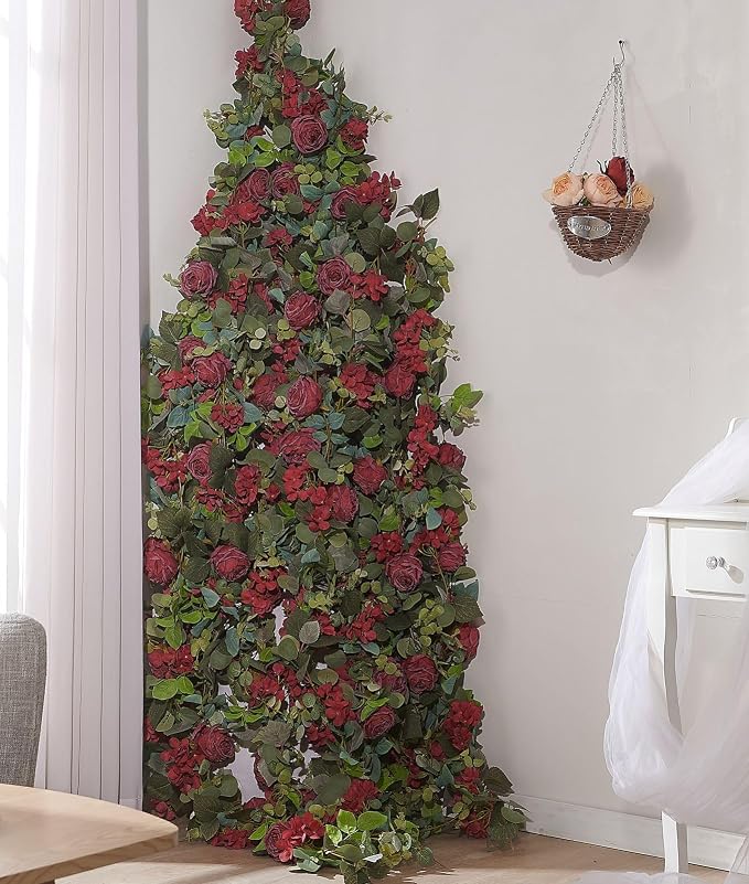 PONKING Flower Garland Artificial Rose & Hydrangea Vine Hanging Fake Flowers Vines for Wedding Birthday Party Valentines Christmas Room Wall Arch Decor, 1 Rose & 1 Hydrangea Red Floral Garland