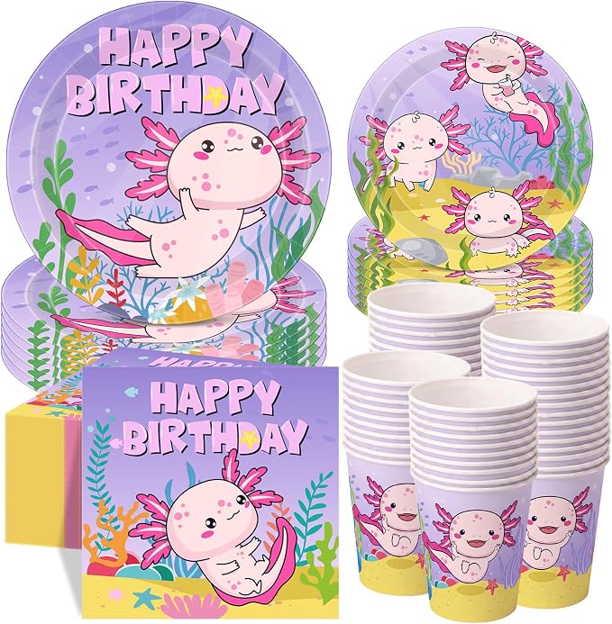 Pickmesh 250 Pcs Axolotl Birthday Disposable Tableware Set Reptile Animals Plates Napkins Cups Cutlery Purple Pink Cartoon Axolotl Birthday Party Supplies Favors for Baby Shower, Serve 50 Guest