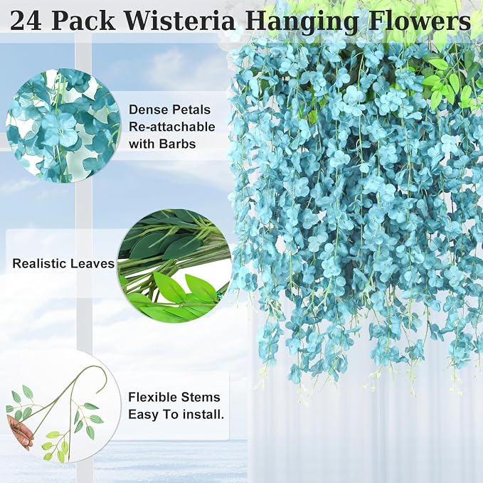 LELEE 25 Pcs Artificial Wisteria Hanging Flowers 3.6ft Light Blue Fake Hanging Flowers Garland Silk Flowers Rattan String Faux Wisteria Vine for Wall Home Wedding Party Arch Greenery Backdrop Decor