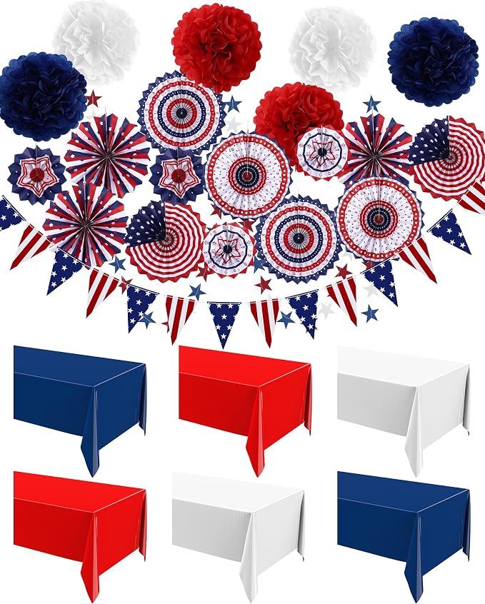 27 Pcs 250th Anniversary Party Decoration, 6 Pcs Disposable Tablecloth 21 Hanging Paper Fan, Pom Poms Flower, Garland String Polka Dot and Triangle Flag Set for 4th of July Patriotic Independence Day