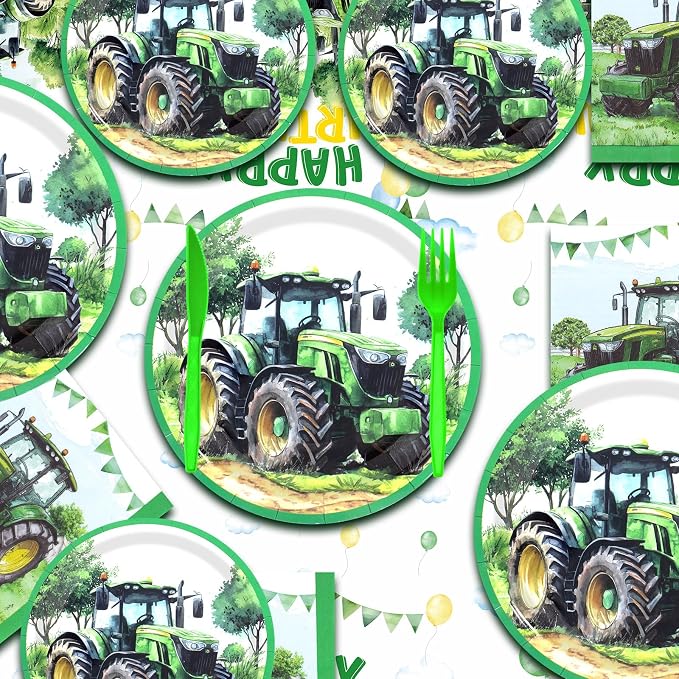 182pcs Tractor Birthday Decorations,Green Farm Party Tableware Set Includes Plates and Napkins,Cups,forks,knives,banner,Tablecloth,for Tractor Birthday Party Supplies,Serve 30