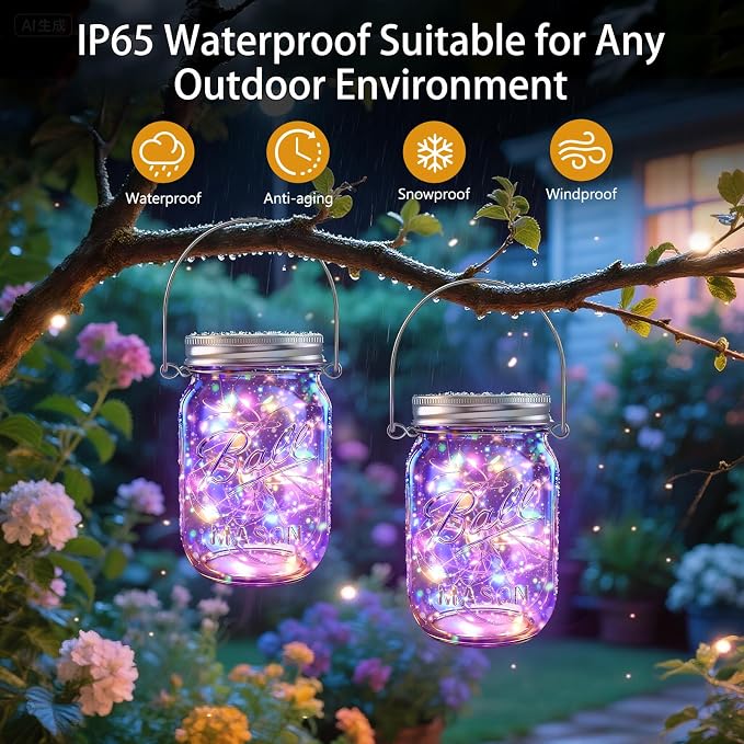Solar Mason Jar Lights, 12 Pack 30 LED Firefly Fairy String Lights, Waterproof Outdoor Solar Mason Jar Lid Lights with Hangers(NO Jars) for Patio Garden Yard Wedding Decoration - Multicolor