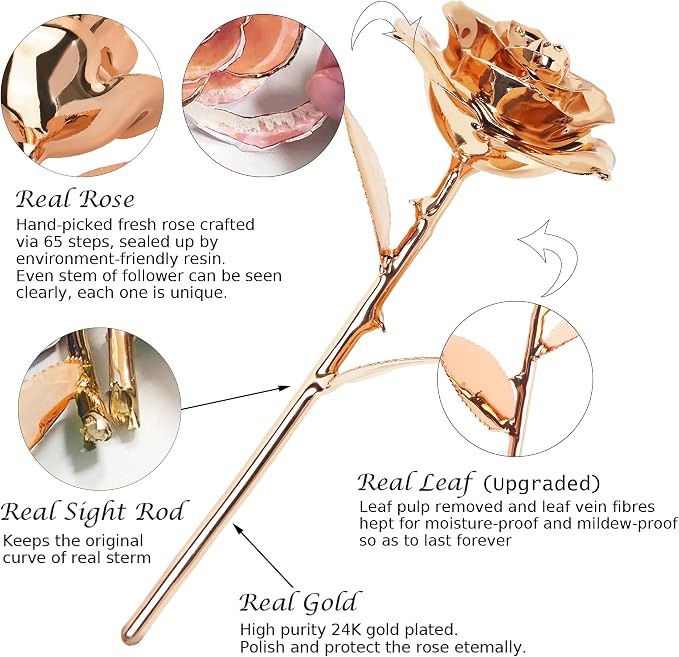 Sinvitron Gold Dipped Rose Real 24K Gold Rose, Hand Dipped One of a Kind Golden Roses, Romantic Gifts for Women on Valentines Day, Anniversary Mother’s Day (Rose Gold)