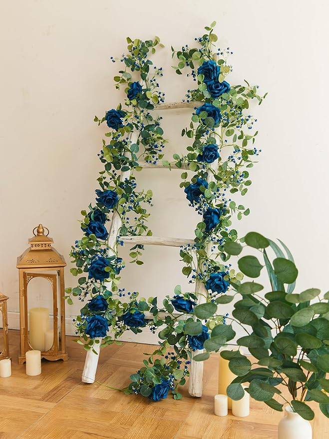 Anna's Whimsy 5.91FT Artificial Eucalyptus Garland with Flowers, Fake Rose Gypsophila Garland, Faux Floral Garlands for Wedding Spring Home Party Craft Art Table Runner Decor (Blue, 1)