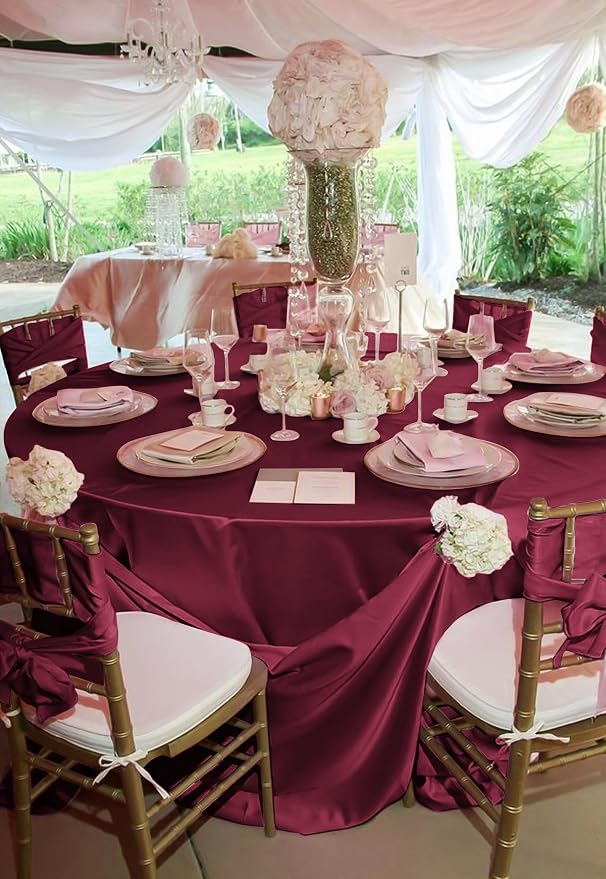12 Pack 120 Inch Round Tablecloth, Burgundy Satin Fabric Table Cloth for Round Tables, Wrinkle Resistant Washable TableCover Bright Silk Table Clothes for Wedding Party Dining Tables Banquet