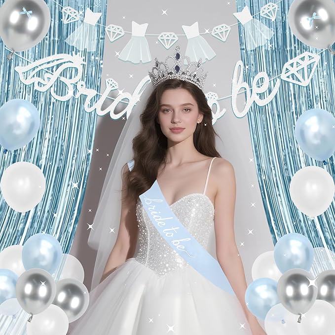 Holkcog Blue Bachelorette Party Decorations, Bride to Be Bridal Shower Decorations, Bride to Be Banner, Bridal Shower Tiara, Sash&Veil, Fringe Curtains, Blue and White Bachelorette Party supply