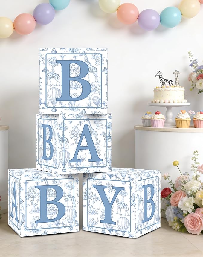 KARAQY Blue Safari Baby Shower Decorations - 4PCS Blue Toile de Jouy BABY Boxes, Jungle Animals Party Boxes for Birthday, Baby Shower Party Supplies (11.8 * 11.8 * 11.8 inches)