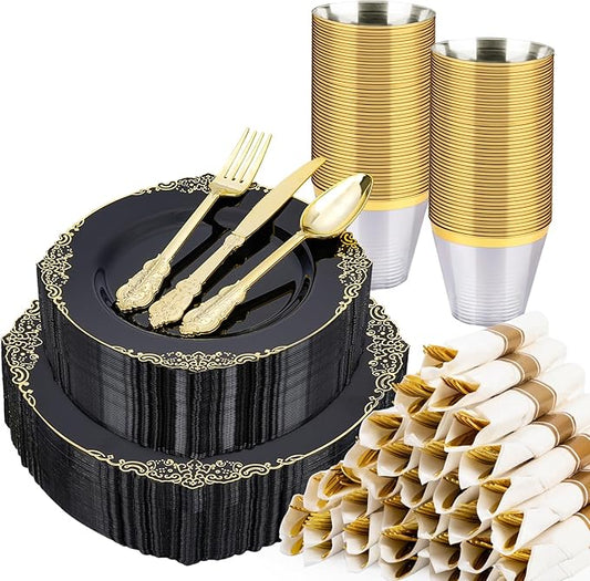 Realluck 350 PCS Black and Gold Plastic Plates, Plastic Dinnerware Set for 50 Guests, 100 Disposable Plates, 150 Silverwares, 50 Cups, 50 Napkins for Party, Wedding, Graduation
