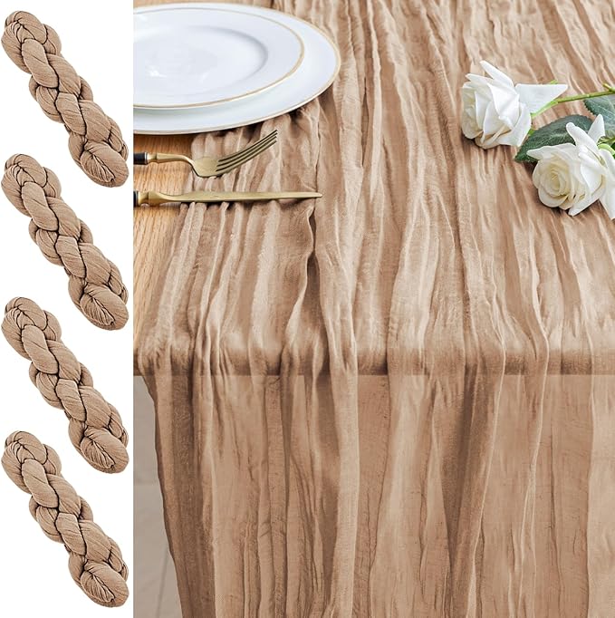 4PCS Table Runner Cheesecloth 10FT Nude Boho Gauze Cheese Cloth Rustic Sheer Table Runners for Wedding Bridal Baby Shower Party Decoration