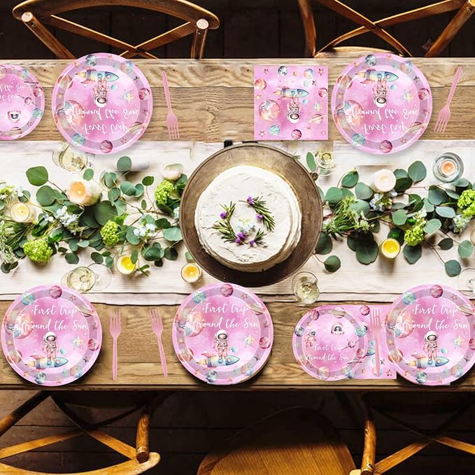 198 Pcs First Trip Around The Sun Birthday Decorations Pink Outer Space One Year Old Tableware Includes Backdrop, Banner, Cake Cupcake Topper, Plates, Cups, Tablecloth for Space Theme 1st Birthday