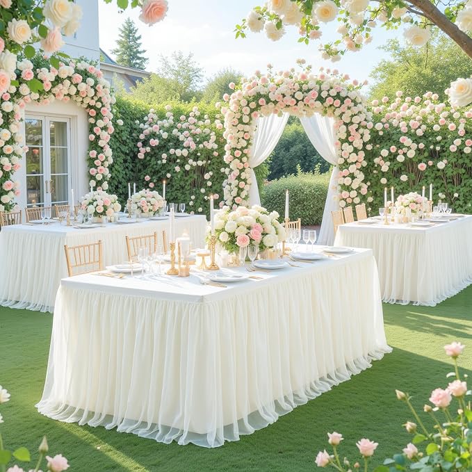 2 Pack 6ft Ivory Tulle Tablecloth for Rectangle Tables 6 Foot Ivory Wedding Table Cloths Rectangular Wrinkle Free Table Cover with Tutu Skirt for Baby Shower Birthday Party Banquet Buffet Cake