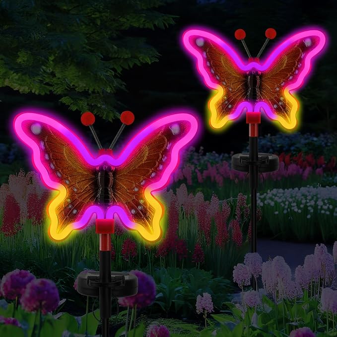 Solar Garden Butterfly Lights, Garden Outdoor Lights Decor, Butterfly Solar neon Light,led Butterfly Lights,Yard Patio Pathway Decoration (Red, 2pack)