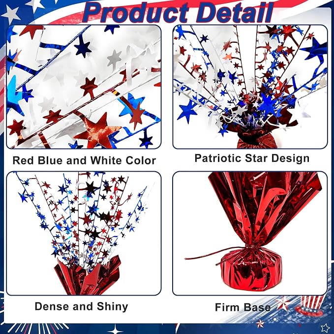 FUBININA 6 Pack 4th of July Table Centerpiece Decoration Metallic Foil Spray Star Burst Patriotic Decor 250th Anniversary Independence Day Labor Veteran Memorial Day Party Supplies, Red White and Blue
