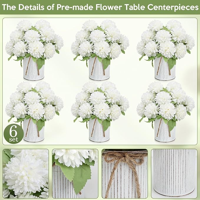 Pre-Made Flower Table Centerpieces, Set of 6 Artificial Silk Chrysanthemum with Farmhouse Metal Vases for Wedding, Birthday Parties, Home, Dining Table Decorations - Ivory White