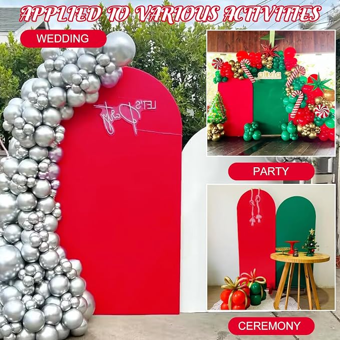 Metal Arch Stand and Cover Set,1 Red Spandex Fitted Backdrop with 1 Gold Wedding Arched Stand Frame for Parties Birthday Baby Shower Bridal Banquet Decoration (7.2FT)