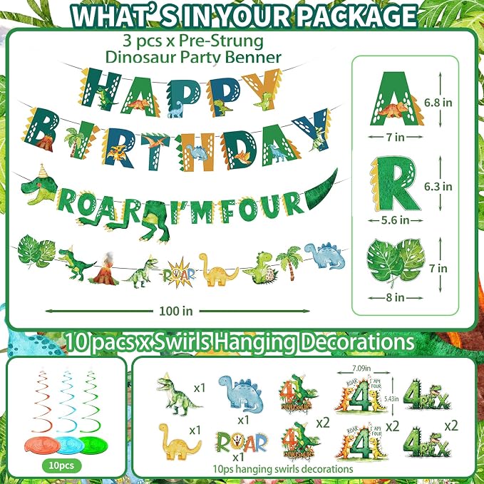 Roar I’m Four Dinosaur 4th Birthday Party Supplies Decorations for Boys Jungle T-rex 4 Rex Tableware Pre-Strung Banners Garland Honeycomb Centerpieces Talbelcoth Hanging Swirls Cupcake Topper Serve 25