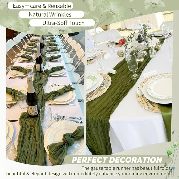18 Pack Olive Green Cheesecloth Table Runner 17 x 108 inch Boho Gauze Table Runner Rustic Sheer Cheese Cloth Table Decorations for Wedding Party Baby Bridal Shower Birthday Holiday HOM