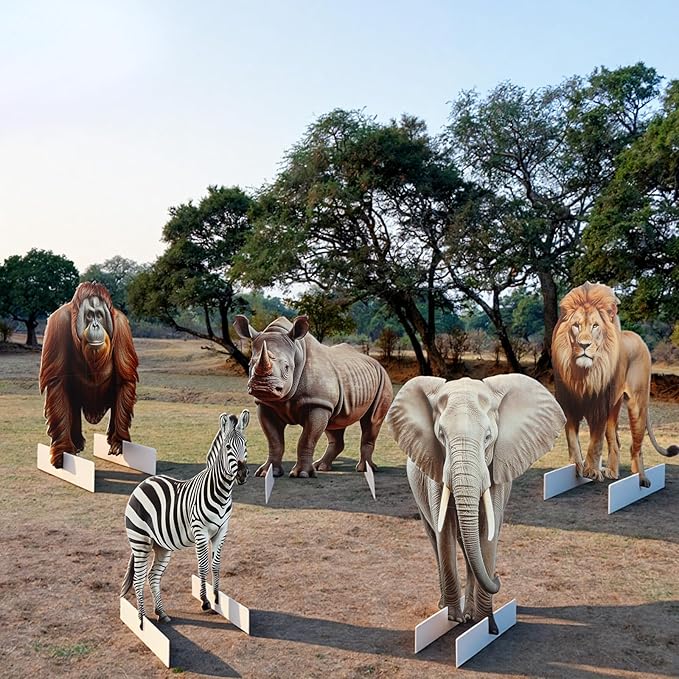 Leinuosen 5 Pcs Large Wildlife Safari Party Stand Decorations Set Africa Jungle Cardboard Cutouts Elephant Lion Zebra Rhino Gorilla Animal Decor Theme Birthday Camping Party Supplies for Photo Prop